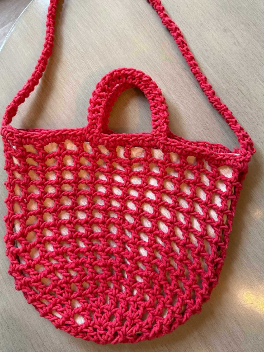 Madewell Red Crochet Open-Weave Tote with Dual Straps